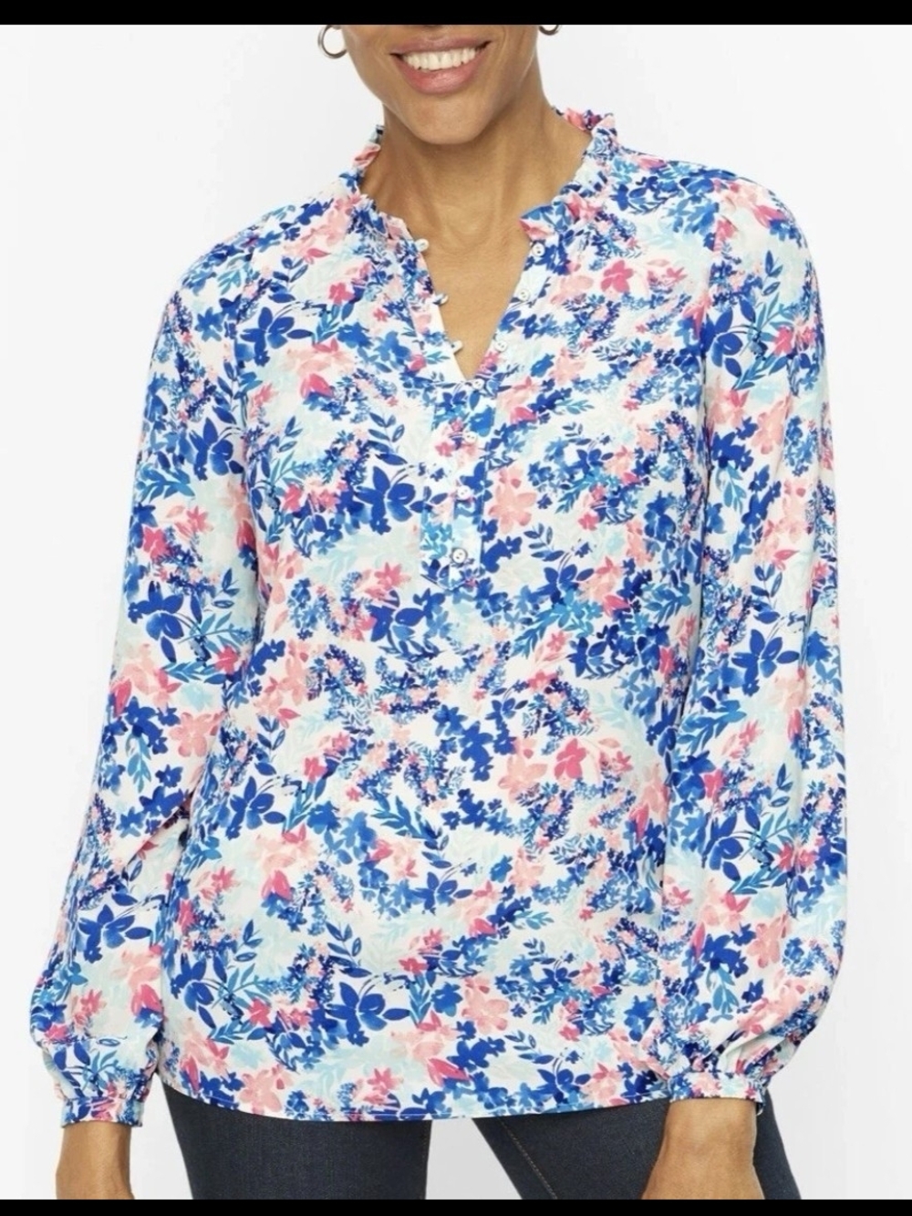 Talbots Women's Blue Pink Floral Popover Peasant Boho Button Blouse Top Sz S